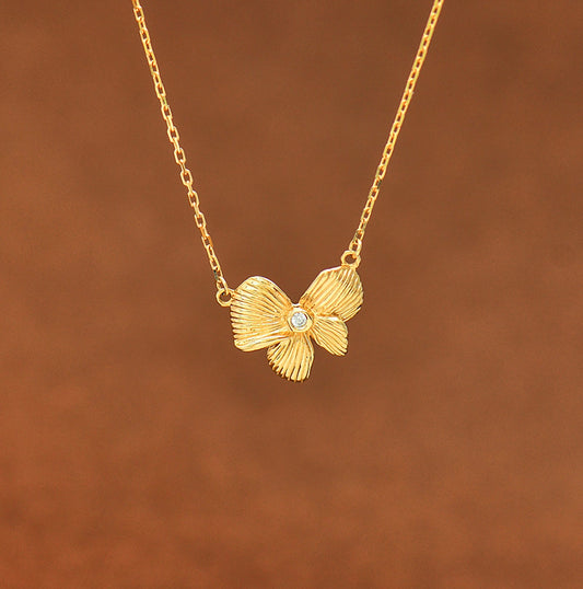 14K Gold Butterfly Necklace for Women, Unique Brushed Butterfly with Diamond Accent