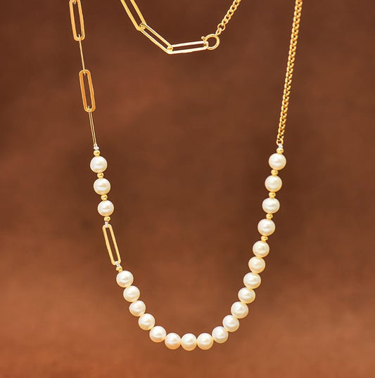 14K Gold Geometric Pearl Necklace, Elegant Stardust Bead And Square Link Collarbone Chain