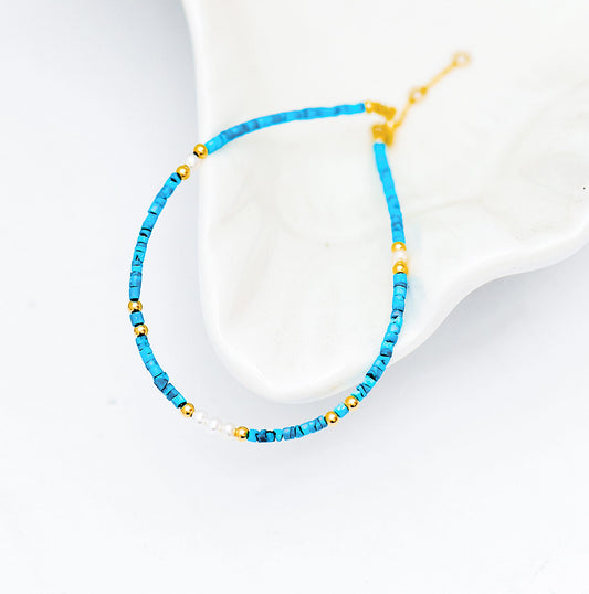 Solid 14K Gold Turquoise Bracelet with Freshwater Pearls, Elegant Stardust Beads Design