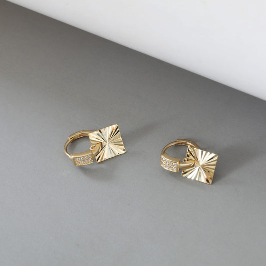 Solid 10K Gold Earrings, Shiny Carved Geometric Square Diamond-Shaped Earrings