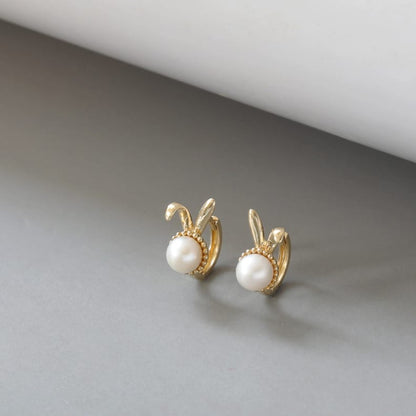 Solid 10K Gold Earrings for Women, Delicate Rabbit Hoop Earrings