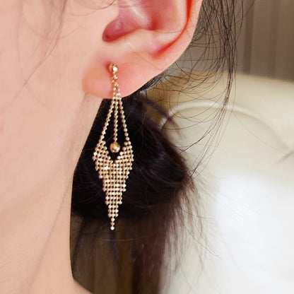 Solid 14K Gold Long Beaded Tassel Earrings for Women