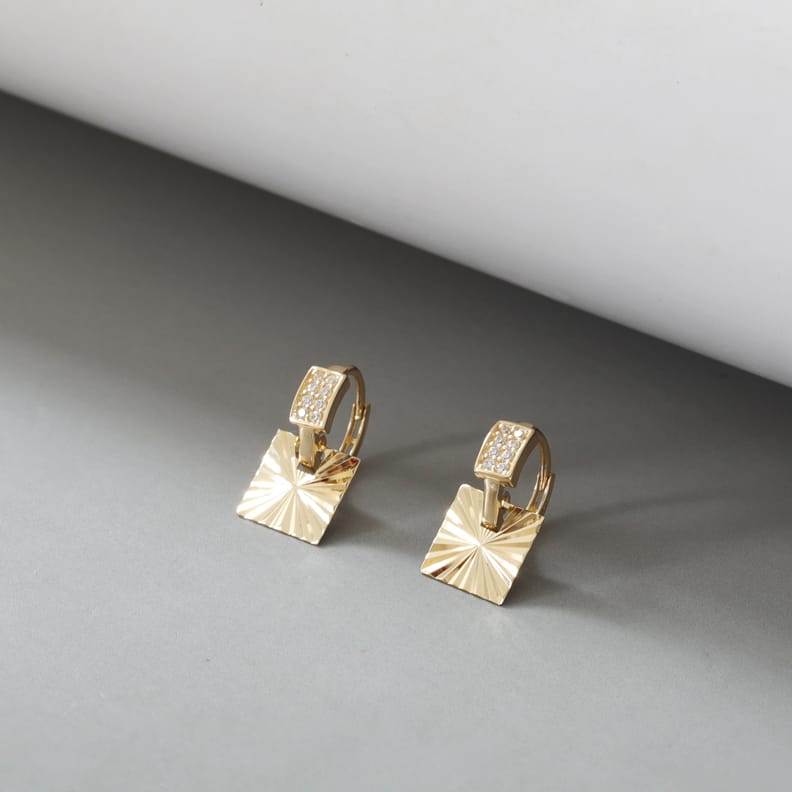 Solid 10K Gold Earrings, Shiny Carved Geometric Square Diamond-Shaped Earrings