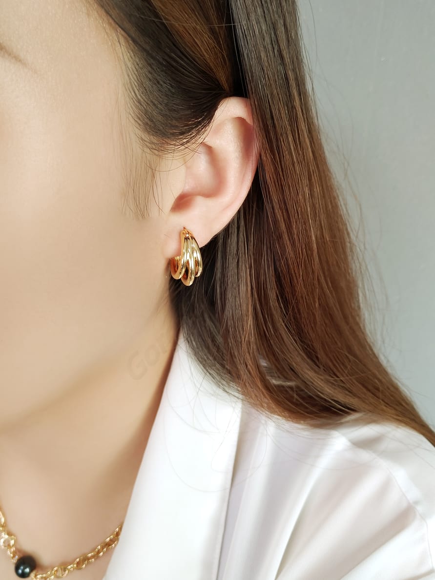 18K Solid Yellow Gold Triple Rope Hoop Earrings, Fashionable Earlobe Hoops, Everyday Piercing Earrings, Perfect Gifts