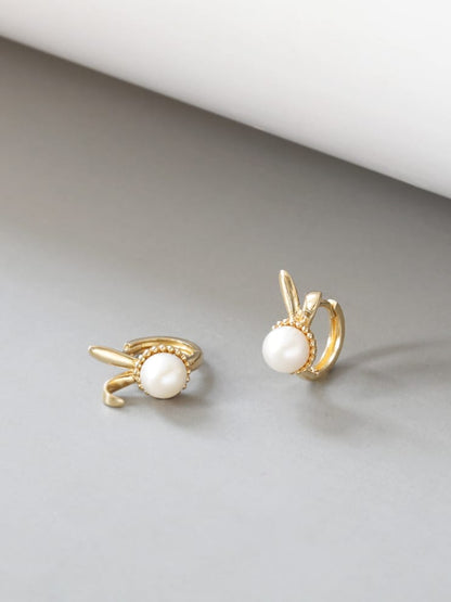 Solid 10K Gold Earrings for Women, Delicate Rabbit Hoop Earrings