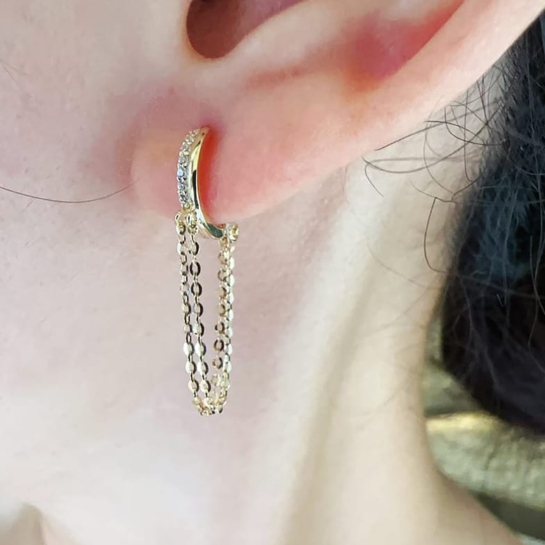 Solid 10K Gold Dangle Earrings for Women, Double Layer Tassel Earrings, Stylish Hoop Earrings