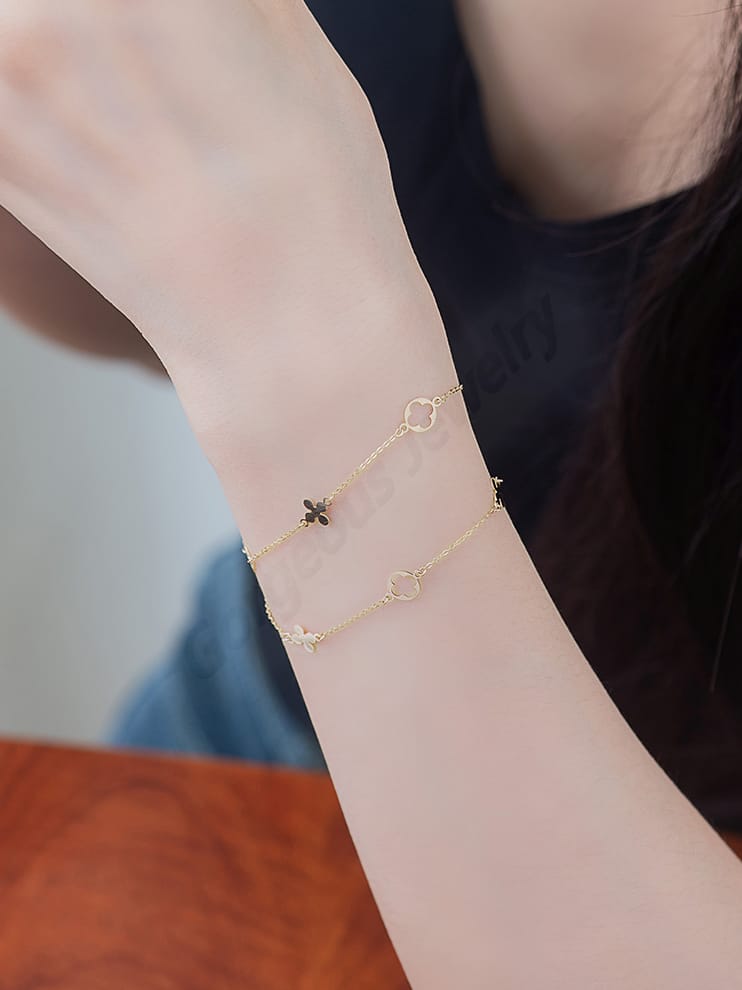 Solid 14K Gold Bracelet for Women, Double Layer Flower Gold Bracelet, Charm Bracelets, Birthday Gift For Her