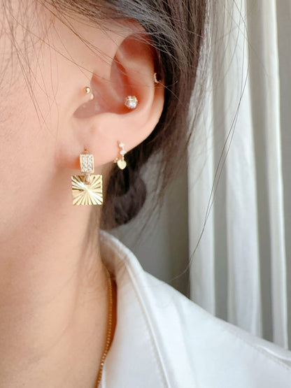 Solid 10K Gold Earrings, Shiny Carved Geometric Square Diamond-Shaped Earrings