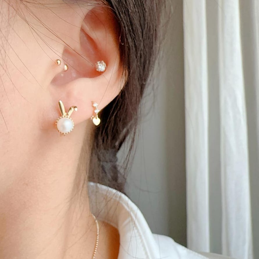 Solid 10K Gold Earrings for Women, Delicate Rabbit Hoop Earrings