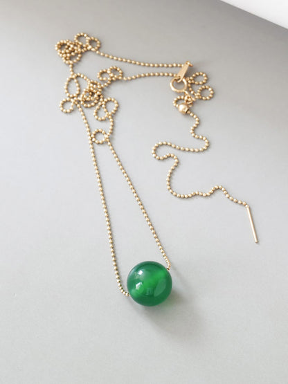 Solid 14K Gold Necklace for Women, 12mm Green Agate