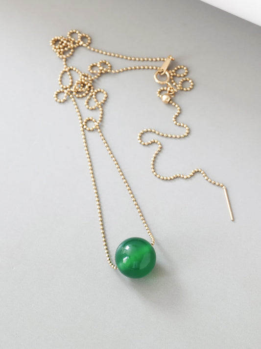 Solid 14K Gold Necklace for Women, 12mm Green Agate