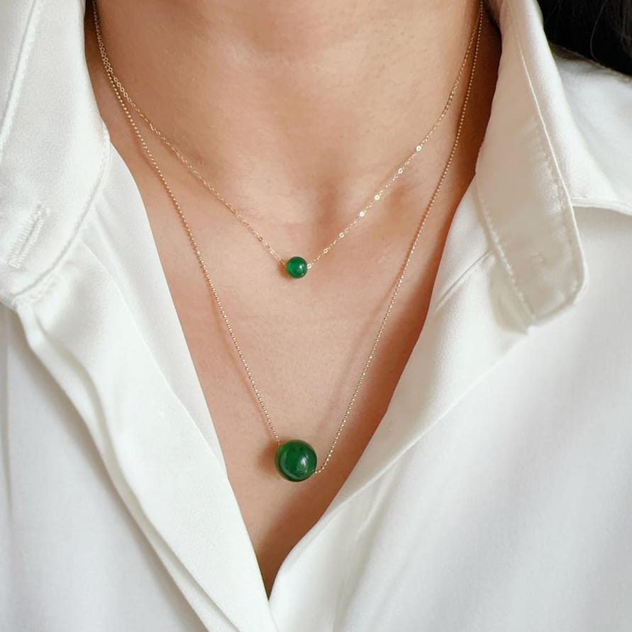 Solid 14K Gold Necklace for Women, 12mm Green Agate