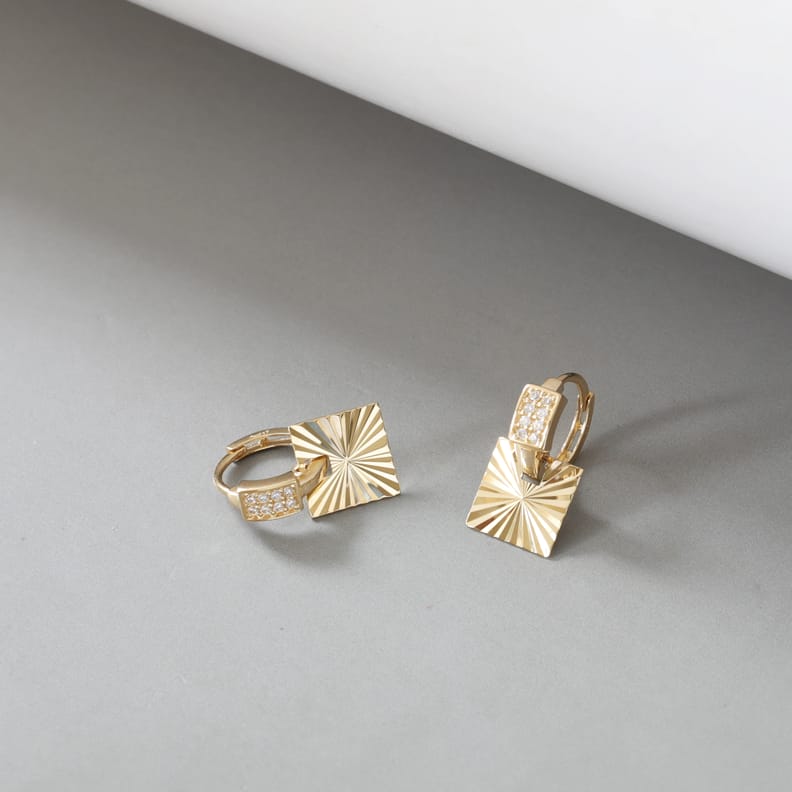 Solid 10K Gold Earrings, Shiny Carved Geometric Square Diamond-Shaped Earrings