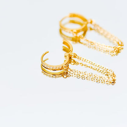 Solid 10K Gold Dangle Earrings for Women, Double Layer Tassel Earrings, Stylish Hoop Earrings