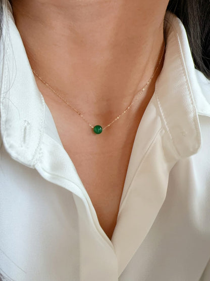 Solid 14K Gold Necklace for Women, 6mm Green Agate