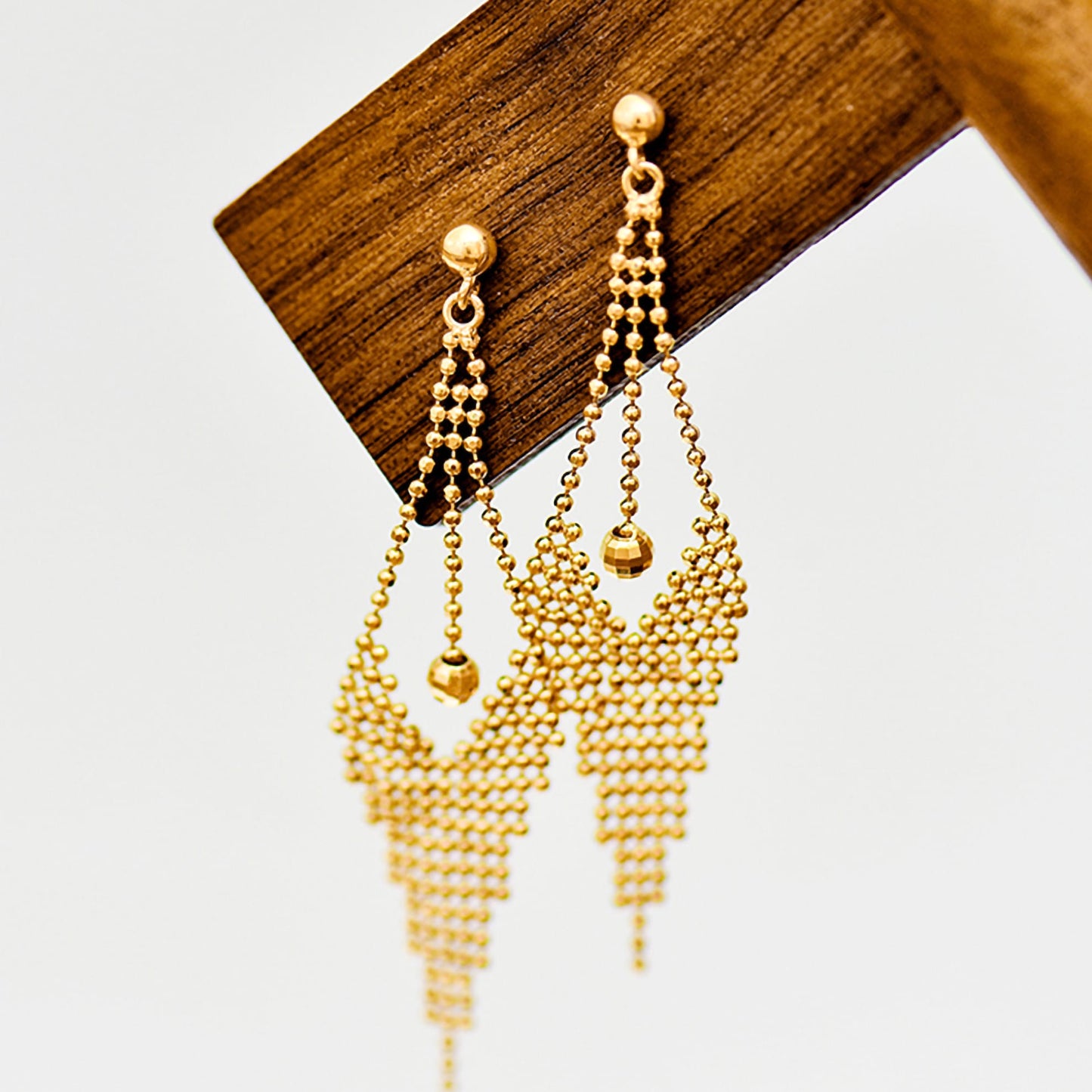 Solid 14K Gold Long Beaded Tassel Earrings for Women