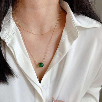 Solid 14K Gold Necklace for Women, 12mm Green Agate