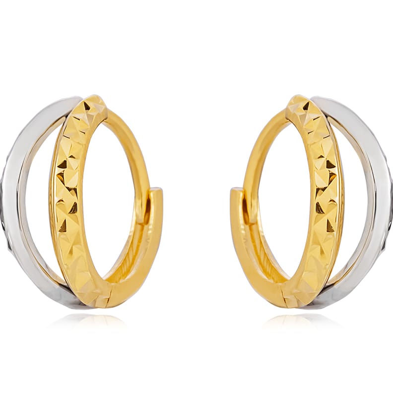 18K Gold Earrings, Huggie Earrings, AU750 Yellow Gold and White Gold Two-Tone Hoops, Perfect Gift for Weddings Engagement Birthday