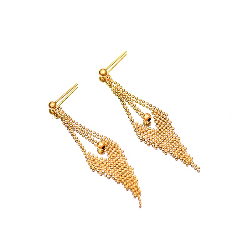 Solid 14K Gold Long Beaded Tassel Earrings for Women