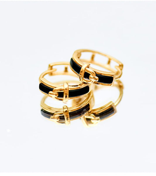 Solid 14K Gold Black Geometric Hoop Earrings for Women