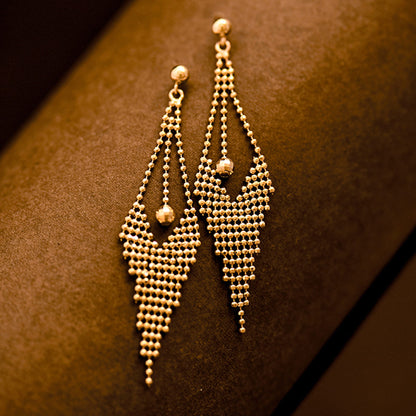 Solid 14K Gold Long Beaded Tassel Earrings for Women