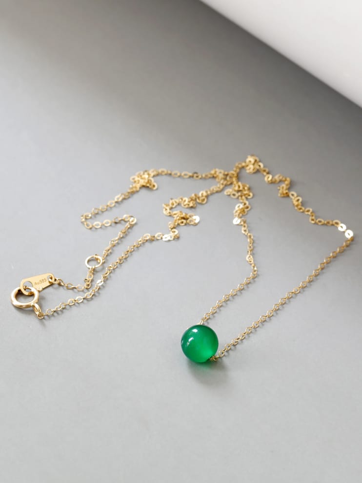 Solid 14K Gold Necklace for Women, 6mm Green Agate