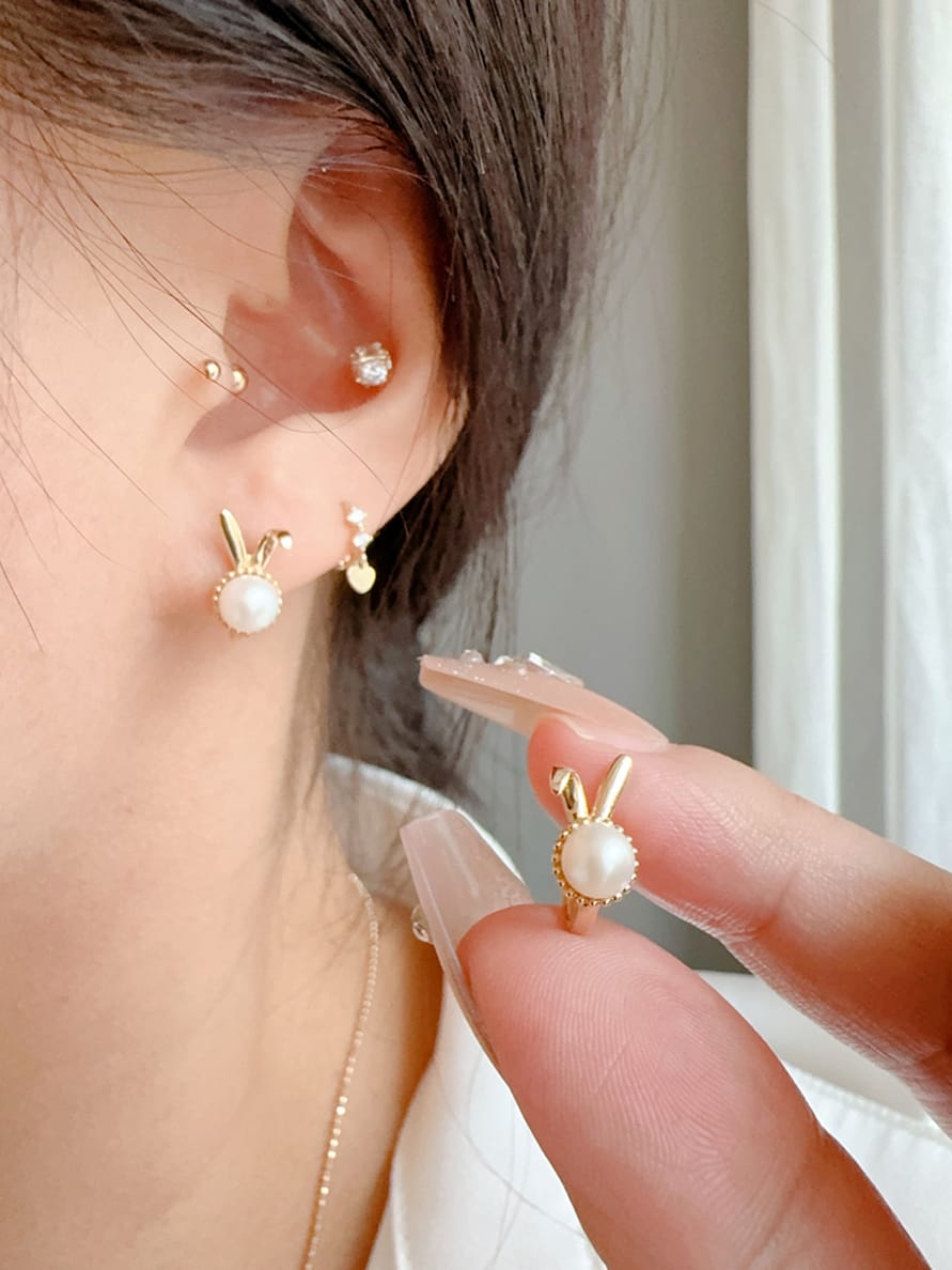 Solid 10K Gold Earrings for Women, Delicate Rabbit Hoop Earrings