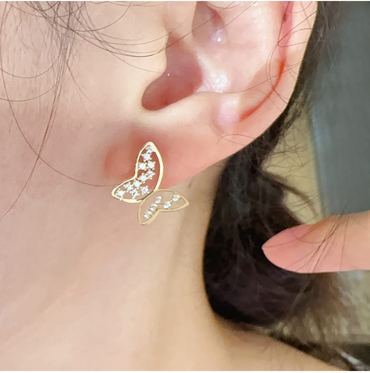 Solid 10K Gold Stud Earrings, Trendy Fashion Butterfly  Earrings for Women