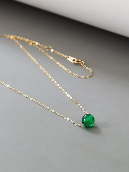 Solid 14K Gold Necklace for Women, 6mm Green Agate