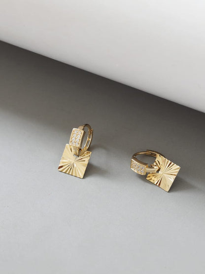 Solid 10K Gold Earrings, Shiny Carved Geometric Square Diamond-Shaped Earrings