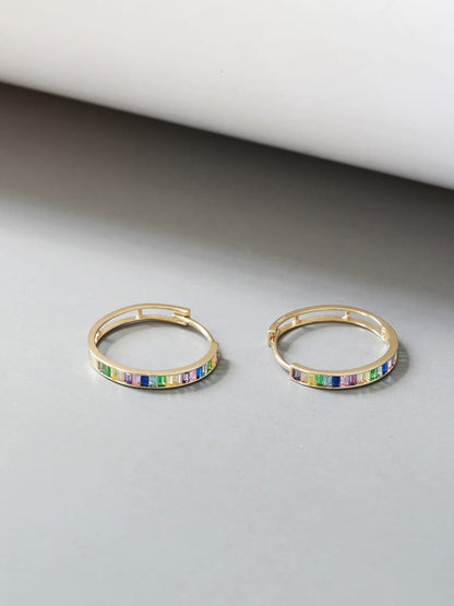 Solid 10K Gold Hoop Earrings for Women, Colorful Zirconia Embedded