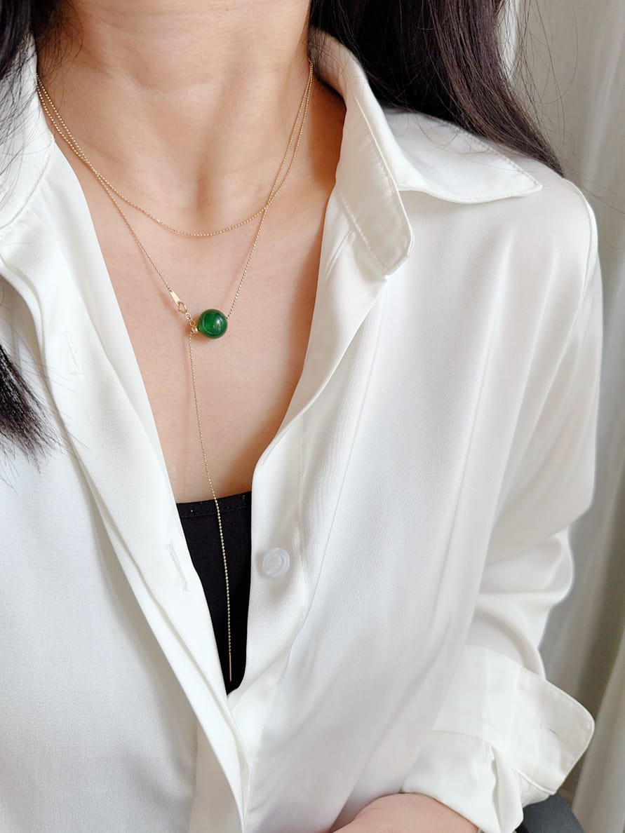 Solid 14K Gold Necklace for Women, 12mm Green Agate