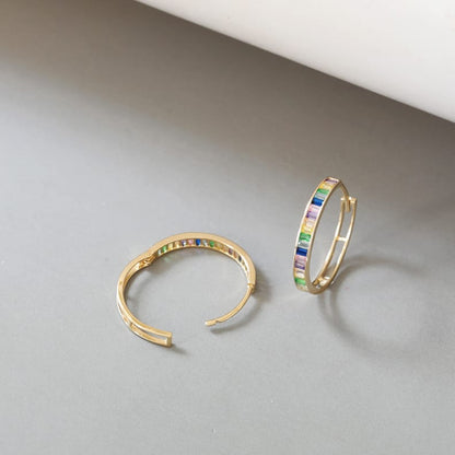 Solid 10K Gold Hoop Earrings for Women, Colorful Zirconia Embedded