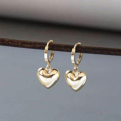 Solid 10K Gold Heart-Shaped Dangle Earrings - Simple Polished Large Hoop Design, Perfect Gift for Women