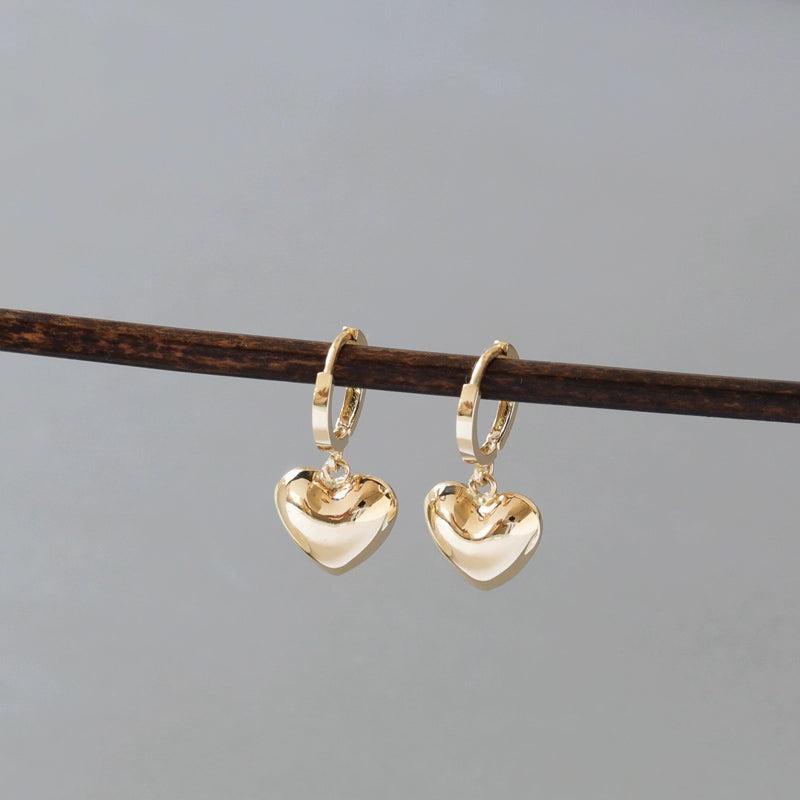 Solid 10K Gold Heart-Shaped Dangle Earrings - Simple Polished Large Hoop Design, Perfect Gift for Women