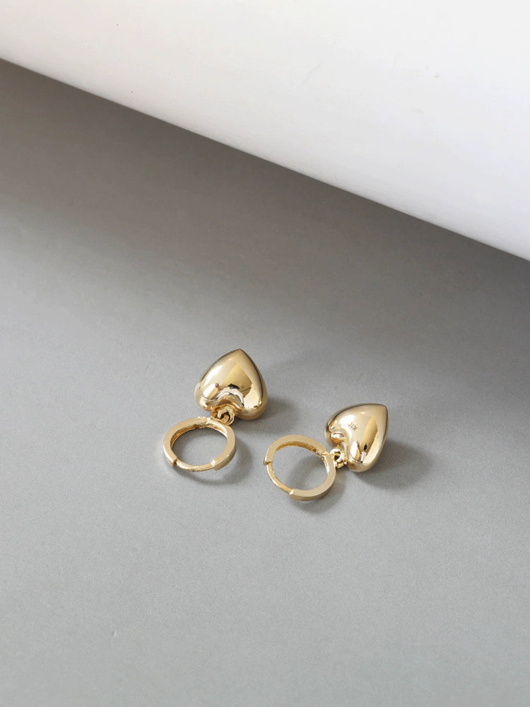 Solid 10K Gold Heart-Shaped Dangle Earrings - Simple Polished Large Hoop Design, Perfect Gift for Women