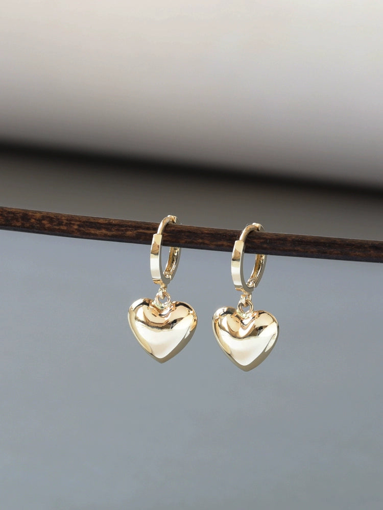 Solid 10K Gold Heart-Shaped Dangle Earrings - Simple Polished Large Hoop Design, Perfect Gift for Women