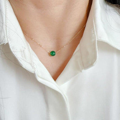 Solid 14K Gold Necklace for Women, 6mm Green Agate