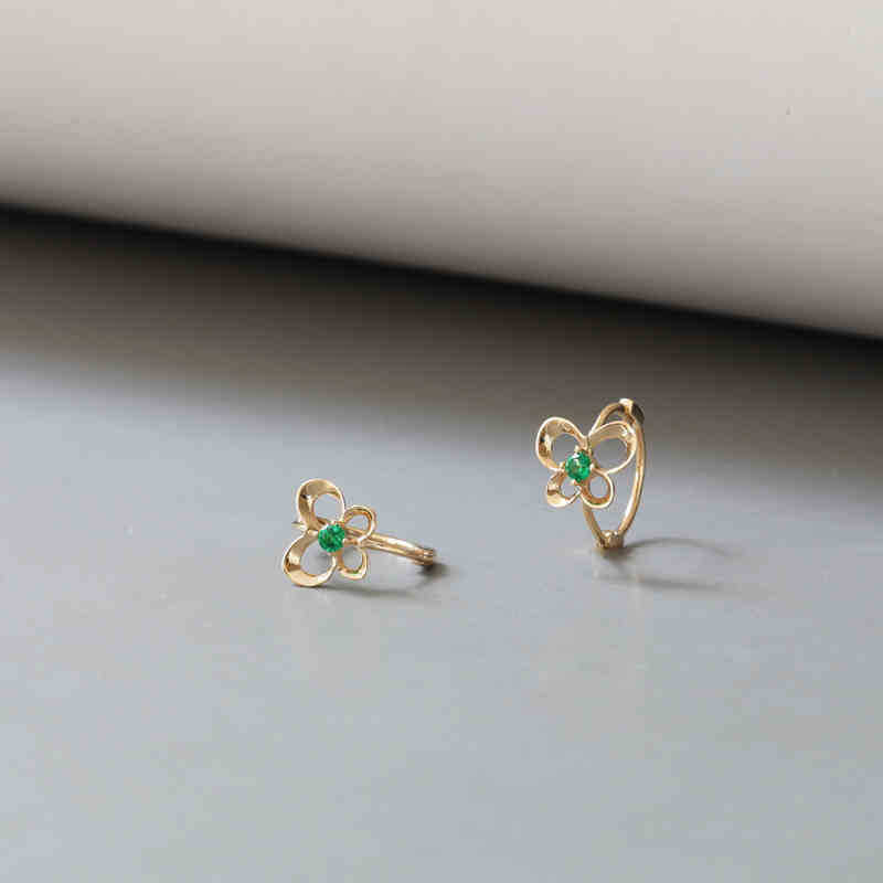 Solid 14K Gold Earrings, Green Color, Hollow Design, Butterfly Inlaid with Colorful Zircon