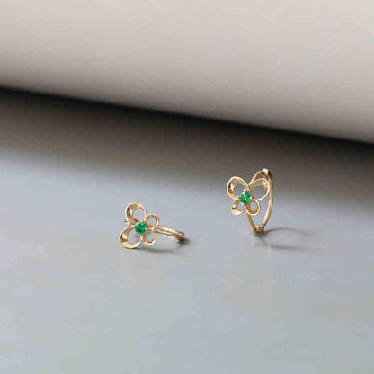 Solid 14K Gold Earrings, Green Color, Hollow Design, Butterfly Inlaid with Colorful Zircon