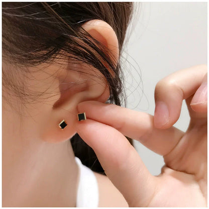 10K Gold Black Square Mini Stud Earrings for Women - Trendy INS Style, Celebrity-Inspired Cartilage Stud