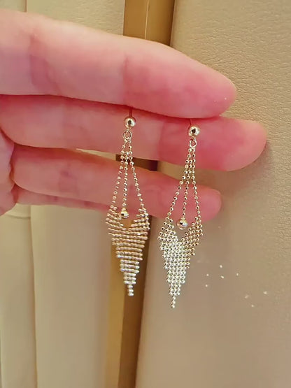 Solid 14K Gold Long Beaded Tassel Earrings for Women