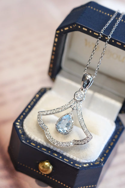 18K White Gold Diamond Aquamarine Pendant, Skirt Pendant, Gold Pendant, Solid Real Gold Pendant, Chain not included