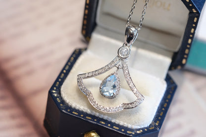 18K White Gold Diamond Aquamarine Pendant, Skirt Pendant, Gold Pendant, Solid Real Gold Pendant, Chain not included