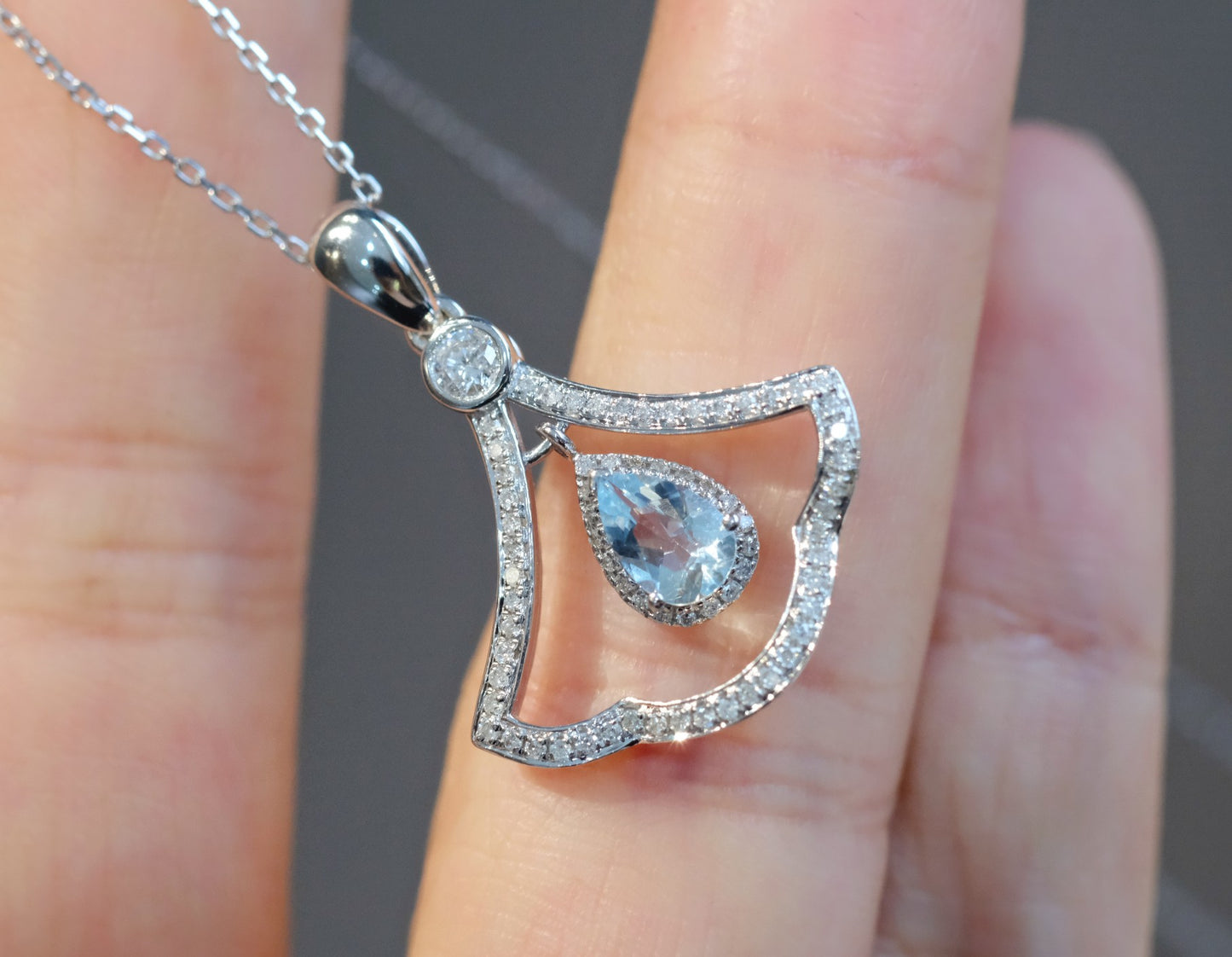 18K White Gold Diamond Aquamarine Pendant, Skirt Pendant, Gold Pendant, Solid Real Gold Pendant, Chain not included